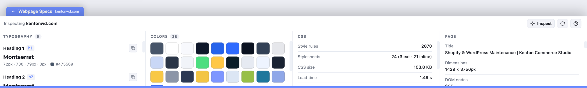 MobileReady Webpage Specs panel inspecting a live site — typography, colors, CSS stats and page dimensions.