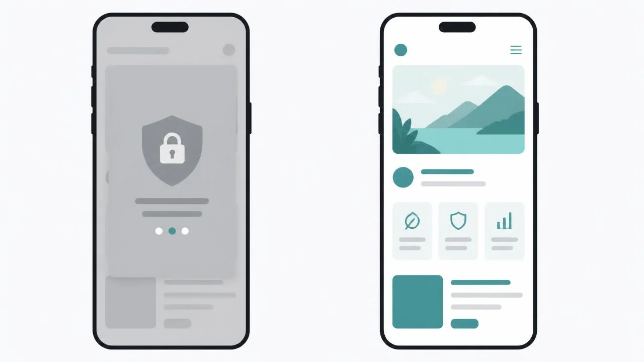 Two phone frames side by side: the left one has a security check overlay covering the page, the right one shows the page content unobstructed